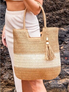 VALERIA TWO-TONE STRAW TOTE KHAKI